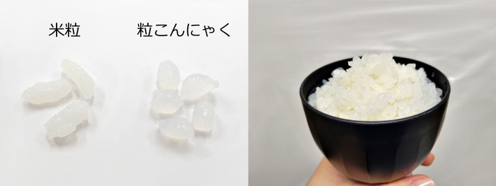 米粒と粒こんにゃく、こんにゃくパーク特製つぶこんにゃく入りご飯