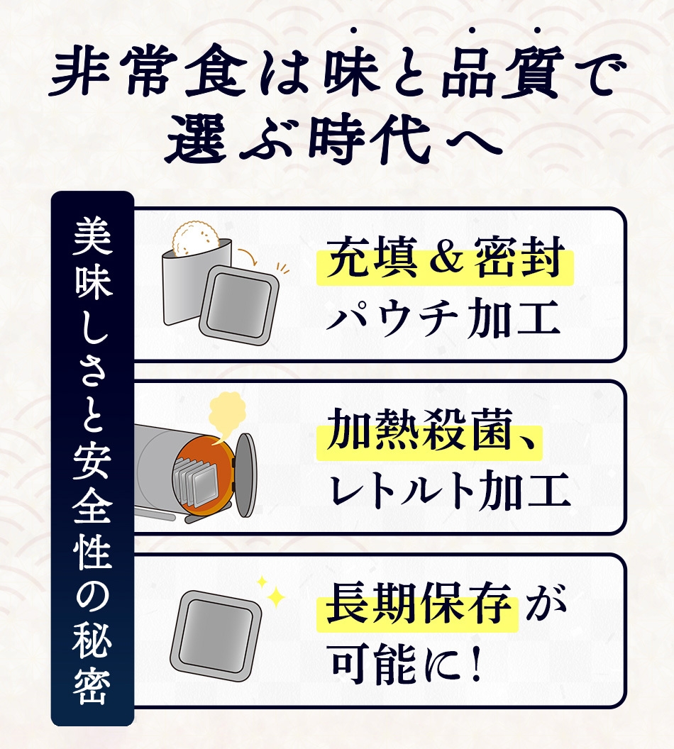 パウチへ充填&密封し、加熱殺菌を行うことで長期間の保存を実現