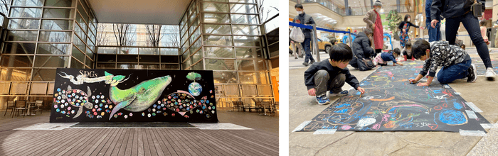 みんなでクジラの巨大アートをつくろう!(左・イメージ) アウトドアチョークで鯉のぼりを描こう!(右・イメージ)