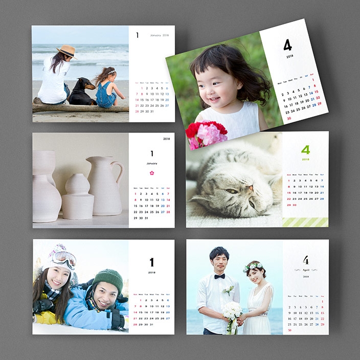 利用シーンに合わせて選べるデザインは正方形レイアウトの6種類。位置調整機能付き。全面写真レイアウト(裏面がカレンダー)を近日追加予定です。