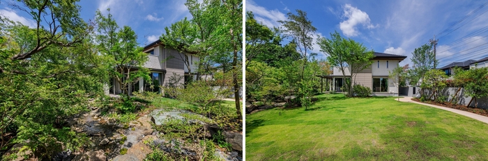 緑に囲まれたK様邸(左)広がりのある芝生(右)