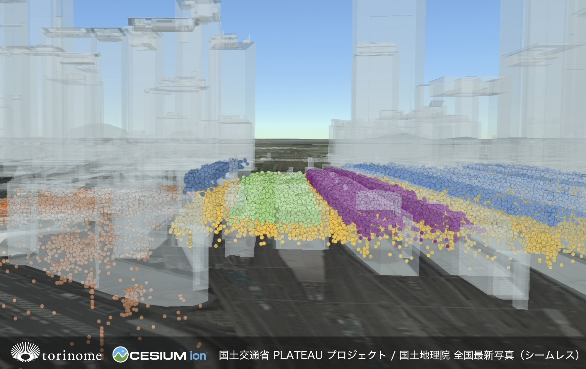 「高さ情報による階層分離技術」を用いて駅構内の人流を地下/1F/各プラットフォーム等で分離した例(2024年8月)