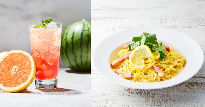 左から「フルッタガッサータ ピンクグレープ&スイカ 480円(税込528円)」、「レモンのカルボナーラ 850円(税込935円)」