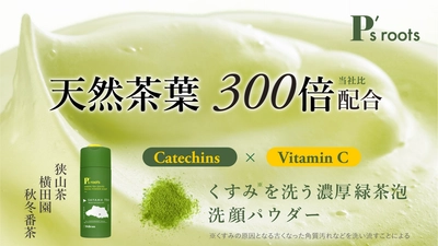 緑茶色の泡と狭山茶の香りひろがる「ピーズルーツ茶葉・ ビタミンC洗顔パウダー」をMakuakeにて12/13より先行販売開始
