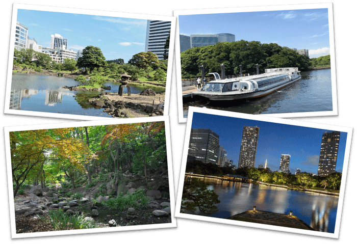 (左上から反時計回り)旧芝離宮恩賜庭園、芝公園、浜離宮恩賜庭園、ウォーターズ竹芝