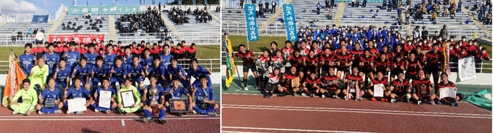 県大会で優勝したサッカー部(左)、ラグビー部(右)