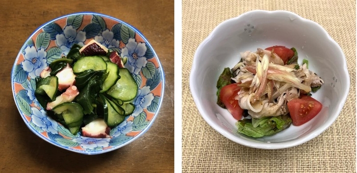 オカワカメの酢の物(左)、野菜と冷しゃぶのさっぱりミョウガ(右)