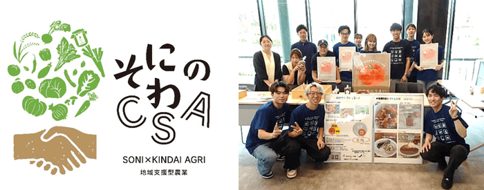 「そにのわCSA」のロゴマーク（左）、令和5年（2023年）に開催したマルシェの様子（右）