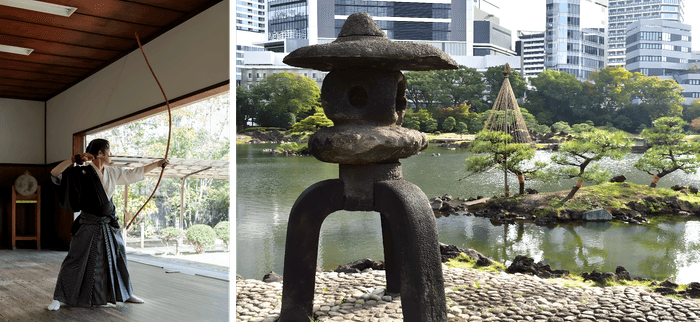 左:弓道の見学会(昨年度開催の様子)  右:園内風景(11月下旬の様子)