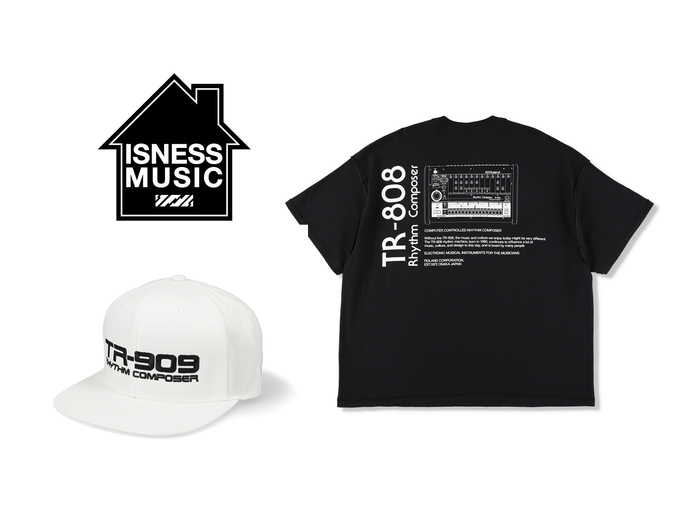 ISNESS MUSICのブランド・ロゴと、Roland Store Tokyoで販売するアパレル・コレクションの一例
