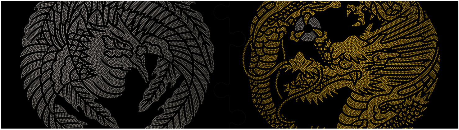 波戸場承龍・耀鳳親子を表す「龍」と「鳳凰」の家紋を太鼓の鋲で表現した大型アート作品