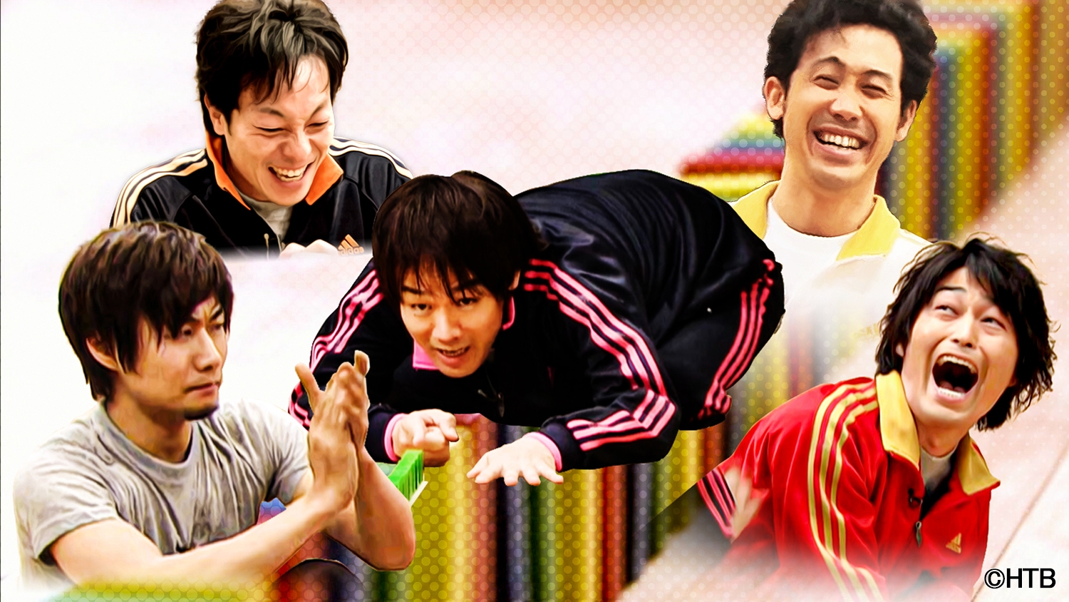 ハナタレナックスBlu-ray第13滴-2011傑作選・後編-「ハナタレ伝説バトル 10000個のドミノを倒せ!」  左から戸次重幸、音尾琢真、森崎博之、大泉洋、安田顕(C)HTB