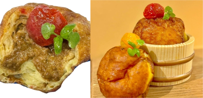 キーマカレー生ドーナツ～男気トマトのせ(左は中身の様子)