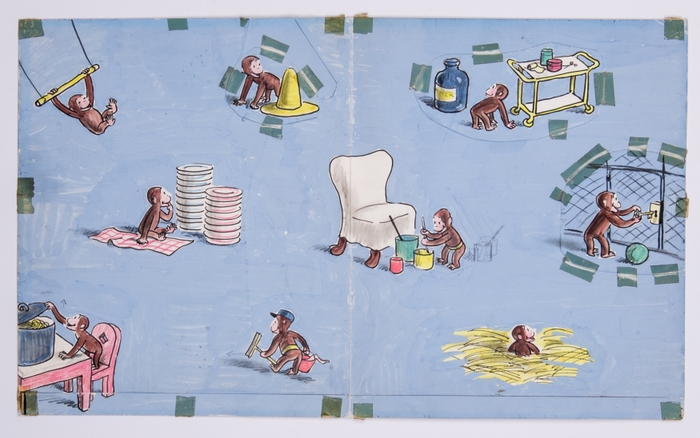 『ひとまねこざる』の見返しカラー原画(絵本は逆版)