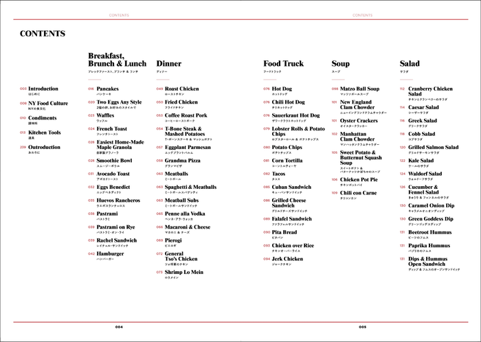 はじめに/NYの食文化/調味料/道具/ブレックファースト、ブランチ & ランチ/ディナー/フードトラック/スープ/サラダ/ブレッド/ベイクドトリーツ/トリーツ/ドリンク/アぺタイザー&アルコール/ストックとソース/保存食/おわりに