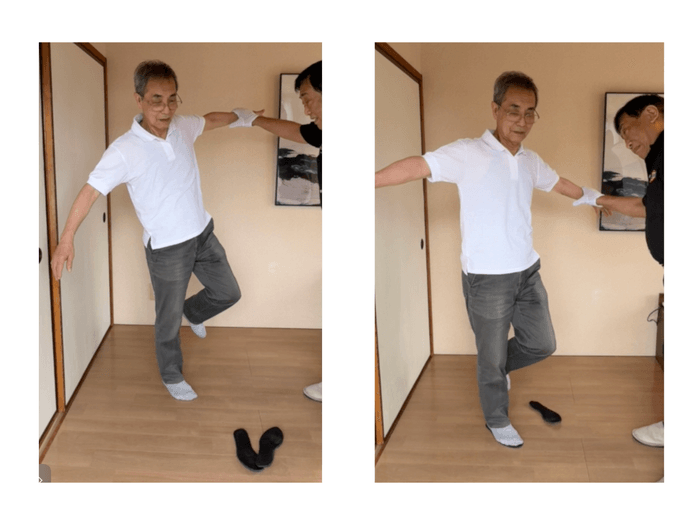 快足インソール使用で、片足立ちで前後・左右の圧力にも体がブレず体幹が安定