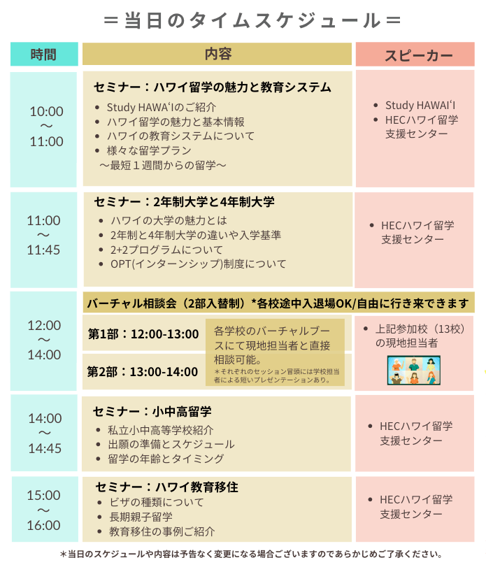 「ハワイ留学フェア 2025」当日のスケジュール