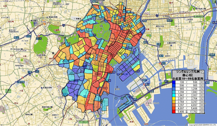 都心3区の従業員数10～99名の企業数を可視化した図