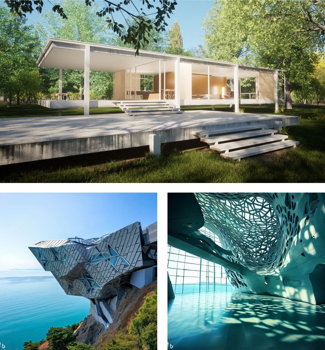 上:Fortniteで制作したFarnsworth House/左下:AIで制作した外観パース/右下:AIで制作した内観パース