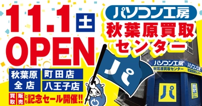 セール・キャンペーン内容を一挙公開！ 2025年11月1日（土） 【パソコン工房 秋葉原買取センター】新規オープンを記念して 【秋葉原本店】【秋葉原パーツ館】にてオープニングセールを開催！ さらに同店オープン記念協賛として【町田店】【八王子店】にて 「町田店 全面改装オープン記念セール 第3弾」を同時開催！