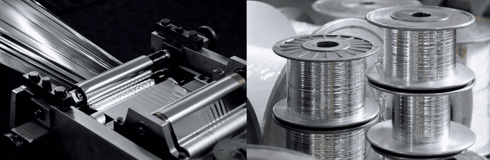 (左)アルミ蒸着フィルムをスリットと同時に巻き付け。特殊な機械により、ねじれずに巻き付けられることがポリエステル糸との同時編織を可能にしている。(右)ねじれずに巻き付けられたアルミの糸