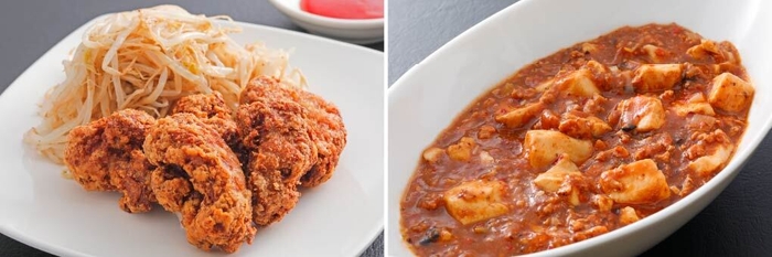 大豆ミートの唐揚げ/ヴィーガン麻婆豆腐