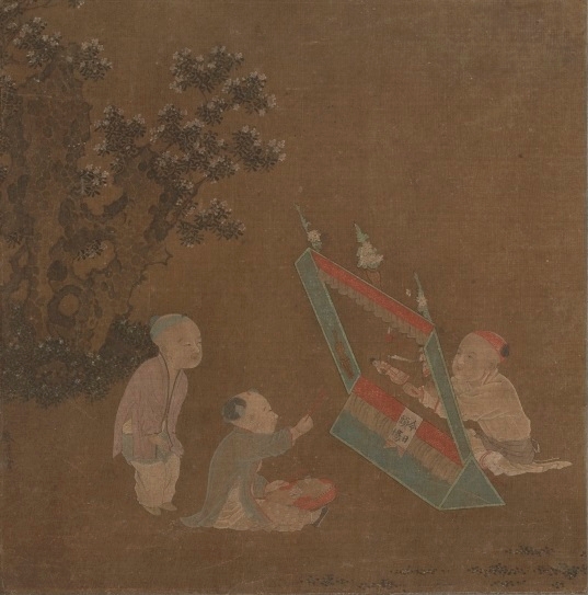 重要文化財 しん童傀儡図※(唐絵手鑑「筆耕園」のうち)蘇漢臣款 中国 明時代・15~16世紀 東京国立博物館蔵(展示期間:11/3-11/29) ※しん童傀儡図の「しん」は人偏+辰