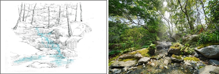 K様邸の庭をイメージしたスケッチ(左)      完成したK様邸の庭(右)