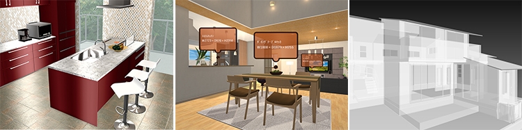 左から、パースの光沢調整、パーツ説明用吹き出し、半透明モデル表示