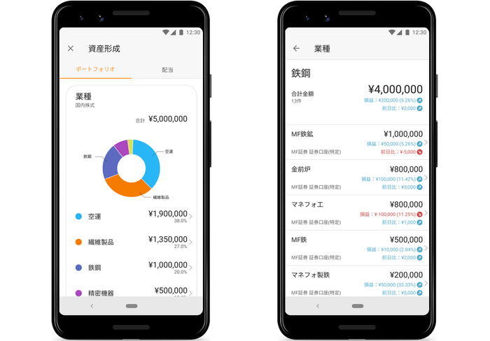 ※画像左：国内株式の業種別ポートフォリオ（例）、画像右：業種ごとの銘柄一覧画面（例）