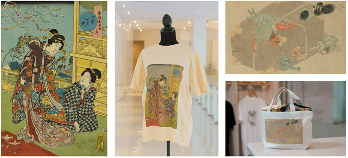 写真左:(出典:国立国会図書館「NDLイメージバンク」タイトル:源氏五節句之内 七月七夕祭 ) NDLイメージバンクのコンテンツをプリントしたTシャツ 写真右上:(出典:国立国会図書館「NDLイメージバンク」タイトル:百鬼夜行絵巻 ) NDLイメージバンクのコンテンツをプリントしたトートバック(S)