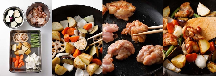 1.下ごしらえ     2.野菜を焼き炒め     3.鶏肉を焼きつけ      4.黒酢あんをからめ