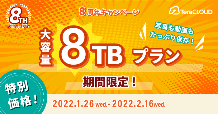 大容量8TBプラン登場!期間限定8周年記念セール