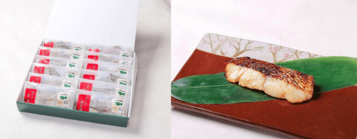 「近大マダイ 焼味四種食べ比べセット」 パッケージ（左）、近大マダイ 西京焼き（右）