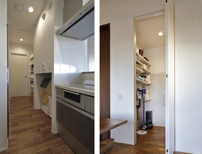 玄関からの動線上にあるキッチンクローク(左) ダイニング横のリビングクローゼット(右)