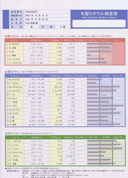 毛髪ミネラル検査表