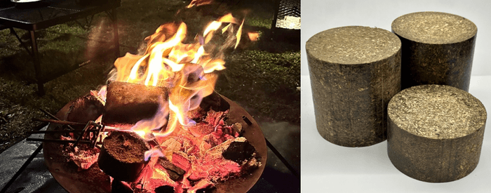 キャンプ場でバイオコークスを燃やしている様子（左）、今回配布する剪定枝を使用したバイオコークス（右）