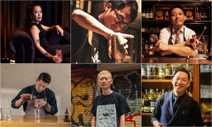 (左上から) 村田 和香菜さん (The Tokyo EDITION Toranomon / Gold Bar), 藤井 隆さん (CRAFTROOM), 山本 圭介さん (Rat International), (左下から) 堺部 雄介さん, 水口 拓也さん (THE MUSIC BAR -CAVE SHIBUYA-), 長尾 和明さん (BAR LIBRE 池袋)