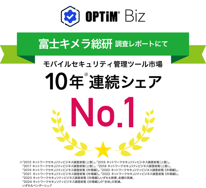 MDM・PC管理サービス「OPTiM Biz(Optimal Biz)」、 富士キメラ総研発刊の調査レポートにおいて、10年連続国内モバイルセキュリティ管理ツール市場でシェアNo.1を達成