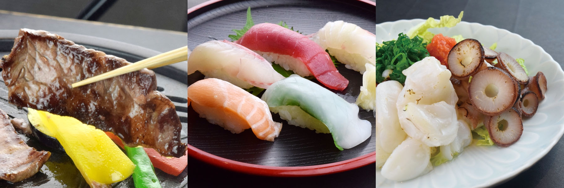 牛鉄板・握り寿司・たこポン酢