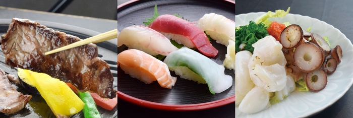 牛鉄板・握り寿司・たこポン酢