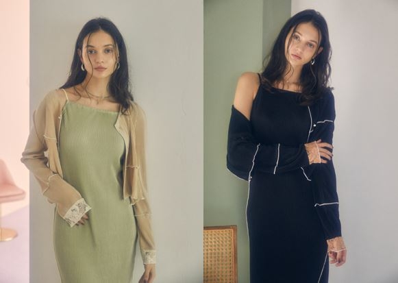 プリーツメロウキャミソールワンピース THE PLEATS MELLOW CAMISOLE DRESS  ¥14,300(税込)BLACK/PISTACHIO プリーツメロウカーディガン THE PLEATS MELLOW CARDIGAN  ¥ 13,200(税込)BLACK/BEIGE FREEサイズ