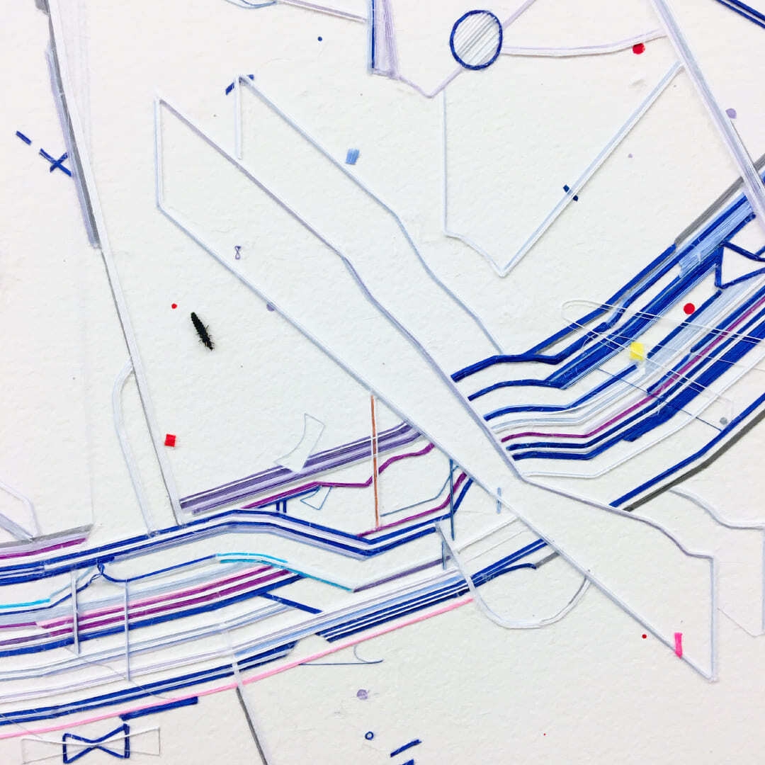 Detail: Bug report (Circuit), 2022 Cotton thread & silk thread, copper thread, Caran d'ache on paper (c) ADAGP Keita Mori Courtesy the artist and rin art association, Takasaki