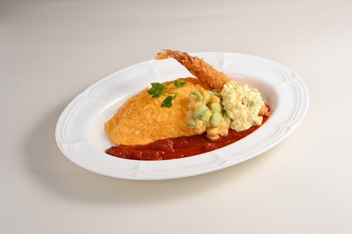 枝豆フリッターと海老フライのトマトソースオムライス~あじさいねぎのタルタルソースを添えて~