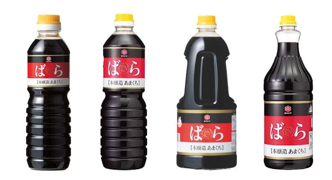 「ばら本醸造あまくち醤油」シリーズ (左から)500ml、1L、1.5L、1.8L