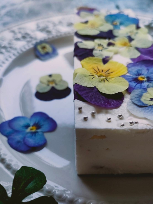 ビオラ＆果物のレアチーズケーキ