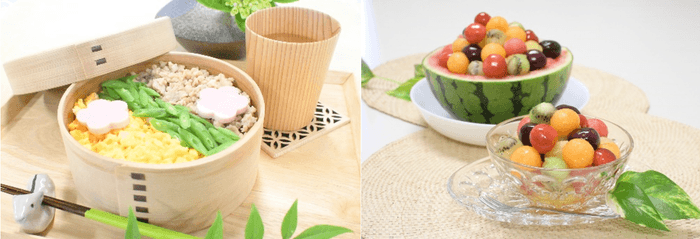 第1回料理「三色そぼろ弁当」(吉野杉のお弁当箱に入れて)(左)、第2回料理「フルーツパーティをしよう」(五感で楽しむ料理)(右)