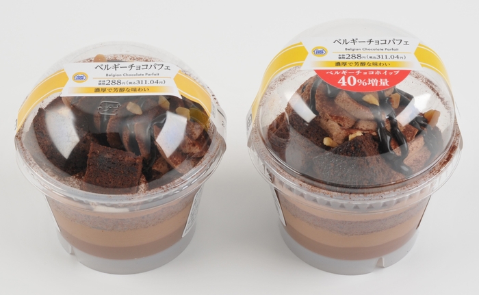 ベルギーチョコパフェ(左 当社従来品 右 増量商品)画像(画像はイメージです。)