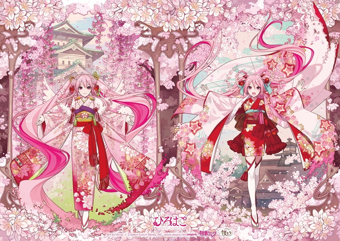 「ひろはこ春の観光キャンペーン」メインビジュアル(左:弘前城天守と枝垂れ桜、右:箱館奉行所) Art by iXima (C) CFM