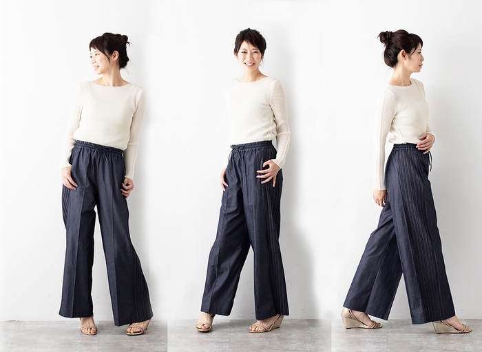 「綿100% 洗っても取れないプリーツ!」ワイドパンツ
